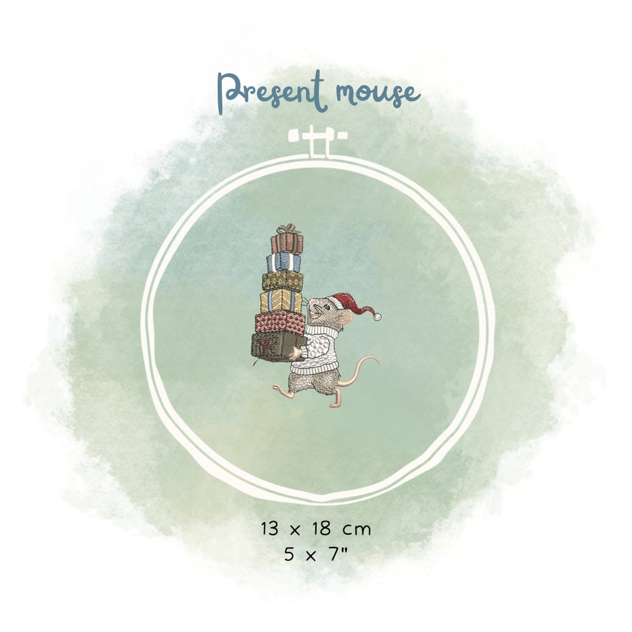 Stickdatei Beschenkening – Weihnachtliches Stickmuster Maus mit Geschenken • Winter Stickdatei Tiermotiv für festliche Handarbeiten & Deko
