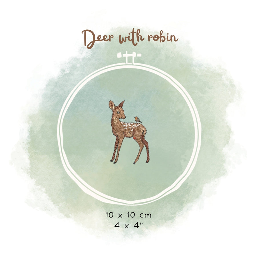 Stickdatei Reh mit Rotkehlchen – romantisches Tiermotiv für Winter & Weihnachten | naturverbundene Stickerei für Geschenke & Deko