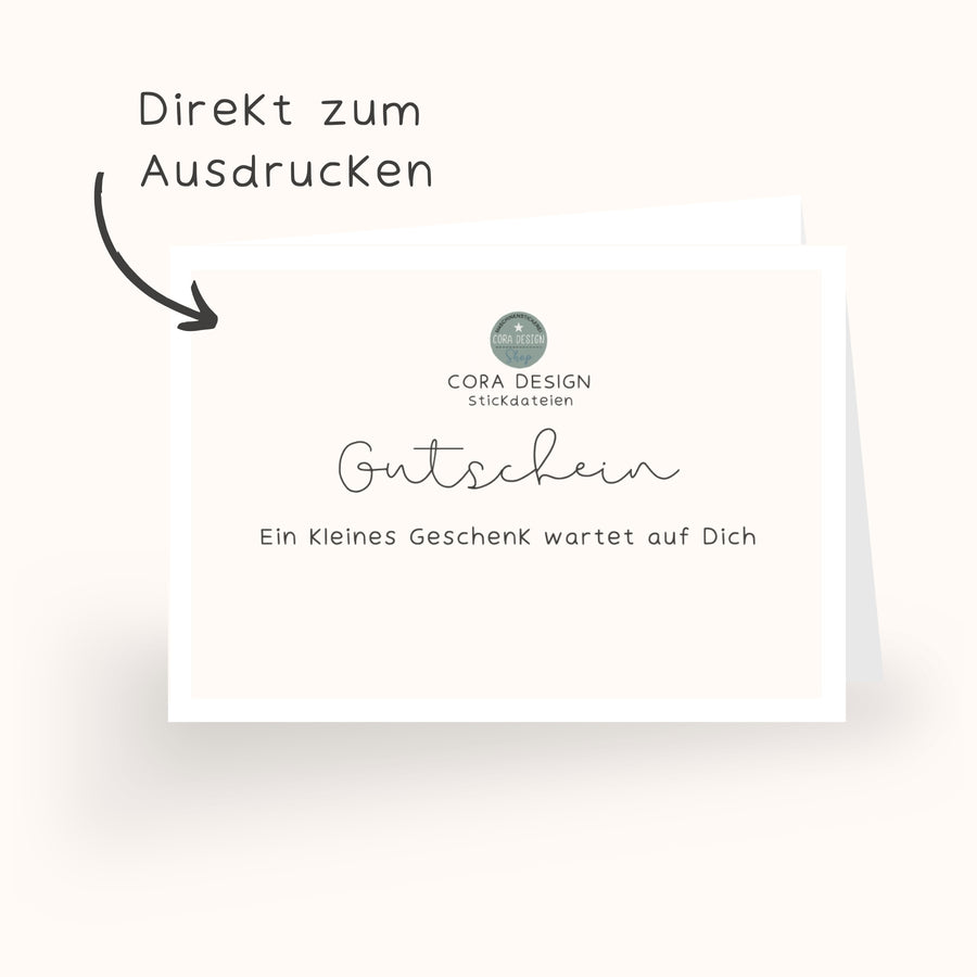 Geschenkgutschein für Stickdateien von Cora Design mit druckbarer Gutscheinvorlage. Minimalistisches Design zum Ausdrucken, Beschriften und Falten als kreative Geschenkidee.