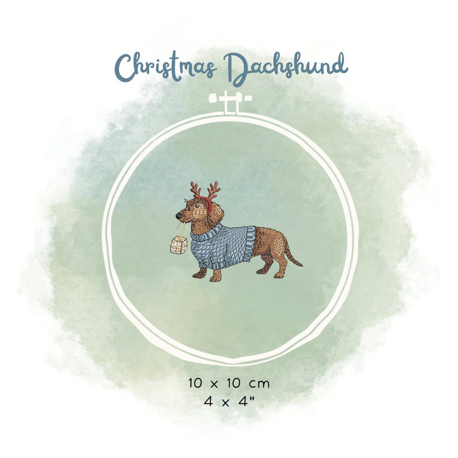 Stickdatei Weihnachtsdackel – Weihnachtliches Stickmuster Hund mit Pullover & Geweih • Winter Stickdatei für festliche Handarbeiten
