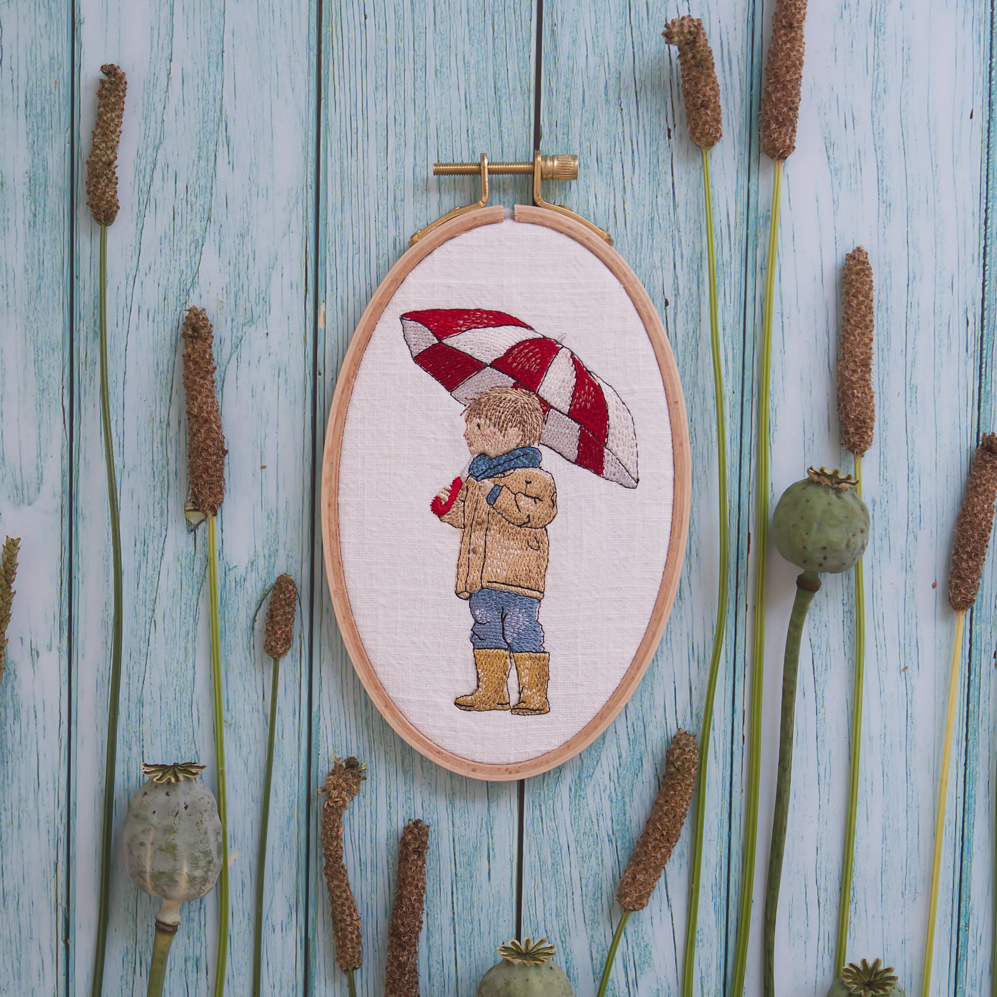 Stickdatei Junge mit Regenschirm Herbst Winter Frühling Digitaler Download