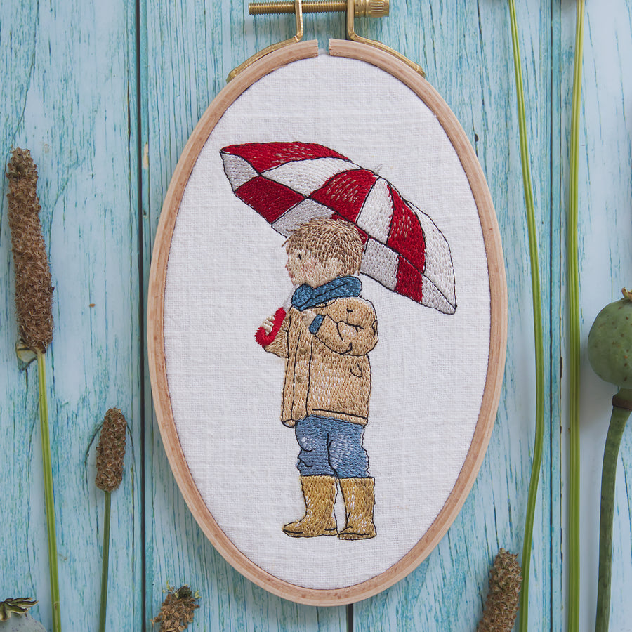 Junge mit Regenschirm – Stickdatei für 13x18 cm Rahmen