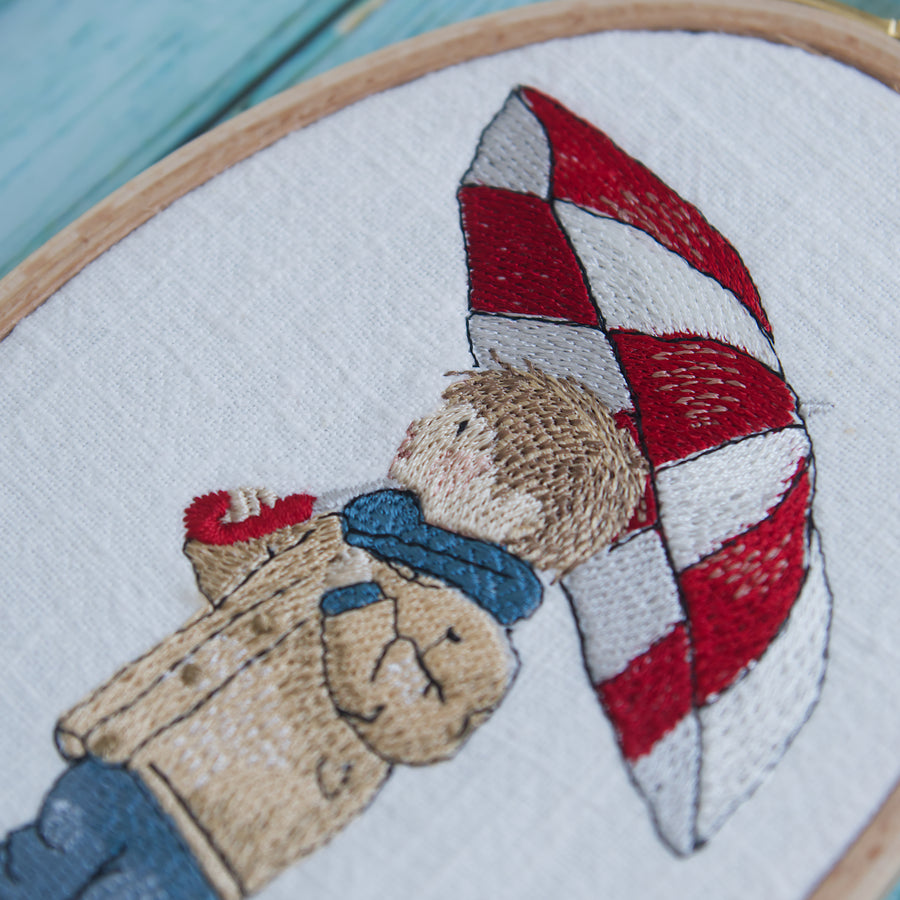 Junge mit Regenschirm – Stickdatei für 13x18 cm Rahmen
