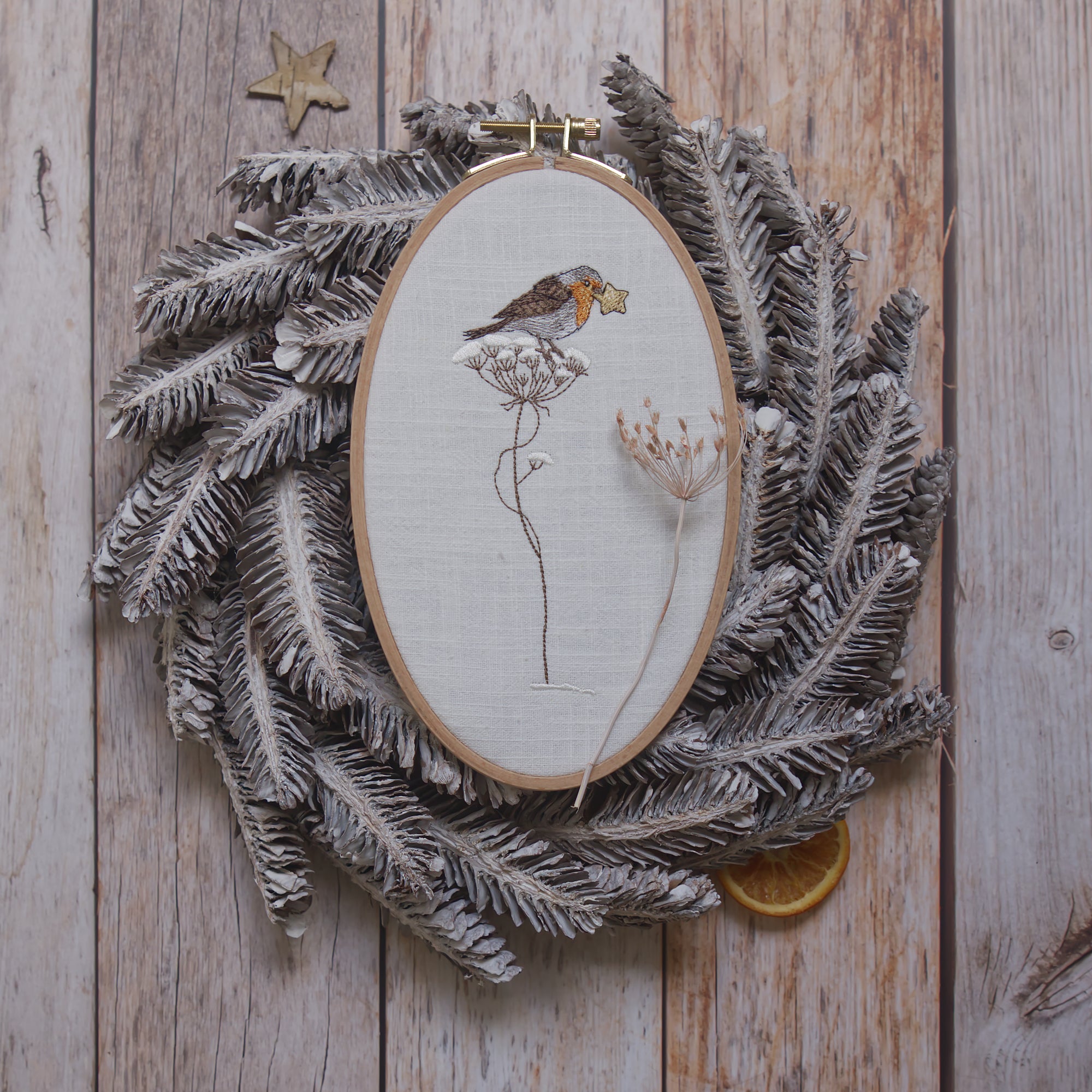 Stickdatei Rotkehlchen mit Stern für die Stickmaschine, Stickmotiv 13x18 cm, Rotkehlchen auf schneebedecktem Zweig mit Stern im Schnabel, Weihnachtsmotiv zum Sticken
