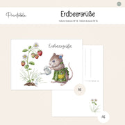 Printable Postkarte mit Maus im grünen Kleid, die eine Erdbeerpflanze gießt, mit Text „Erdbeergrüße“, Teil der Erdbeermäuse-Serie.