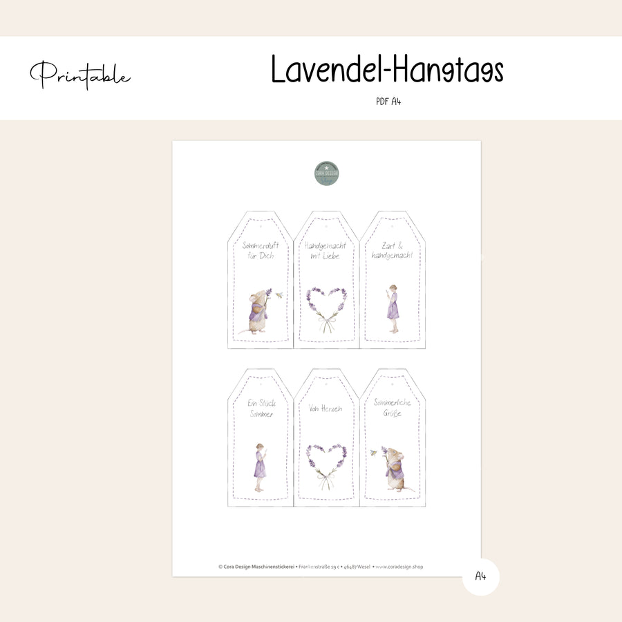Lavendel Hangtags zum Ausdrucken mit Maus, Lavendelherz und Lavendelmädchen für handgemachte Geschenke und sommerliche Verpackungen im Landhausstil