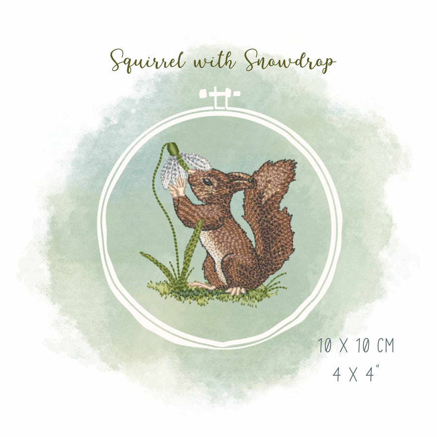 Embroidery file squirrel with snowdrops
