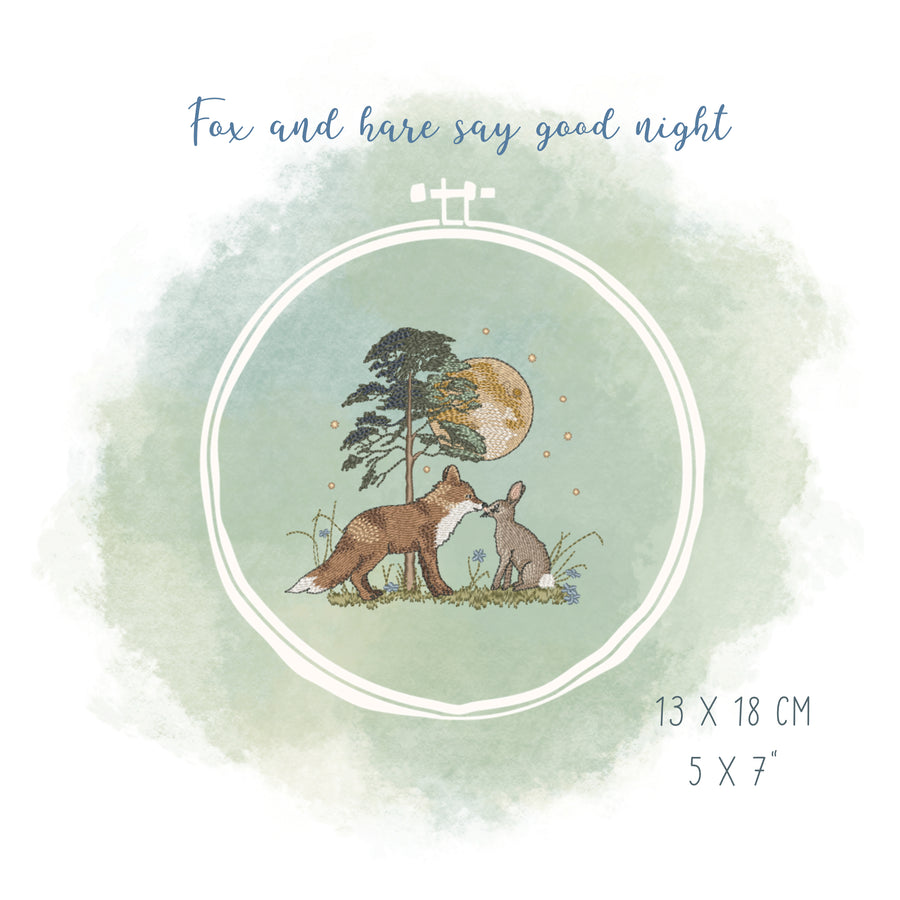 Stickdatei Fuchs und Hase sagen gute Nacht – romantisches Tiermotiv bei Mondschein