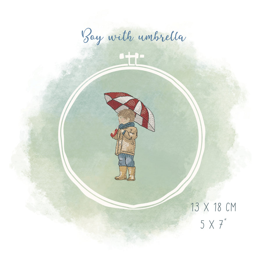 Junge mit Regenschirm – Stickdatei für 13x18 cm Rahmen