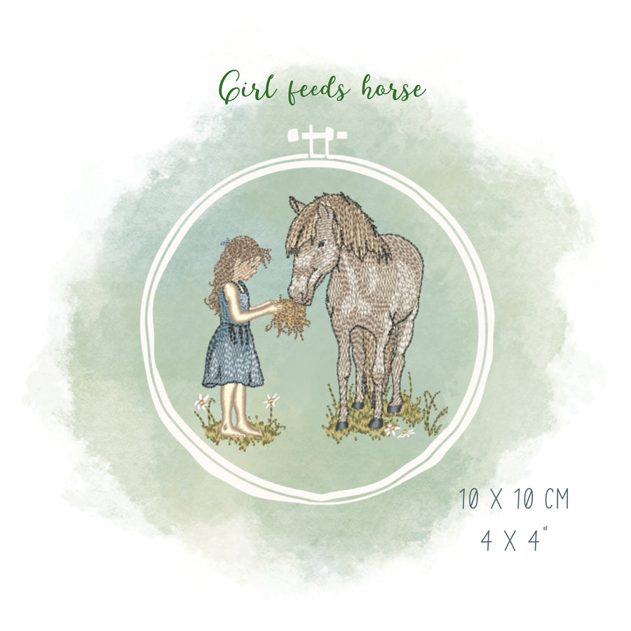 Stickdatei Mädchen füttert Pferd