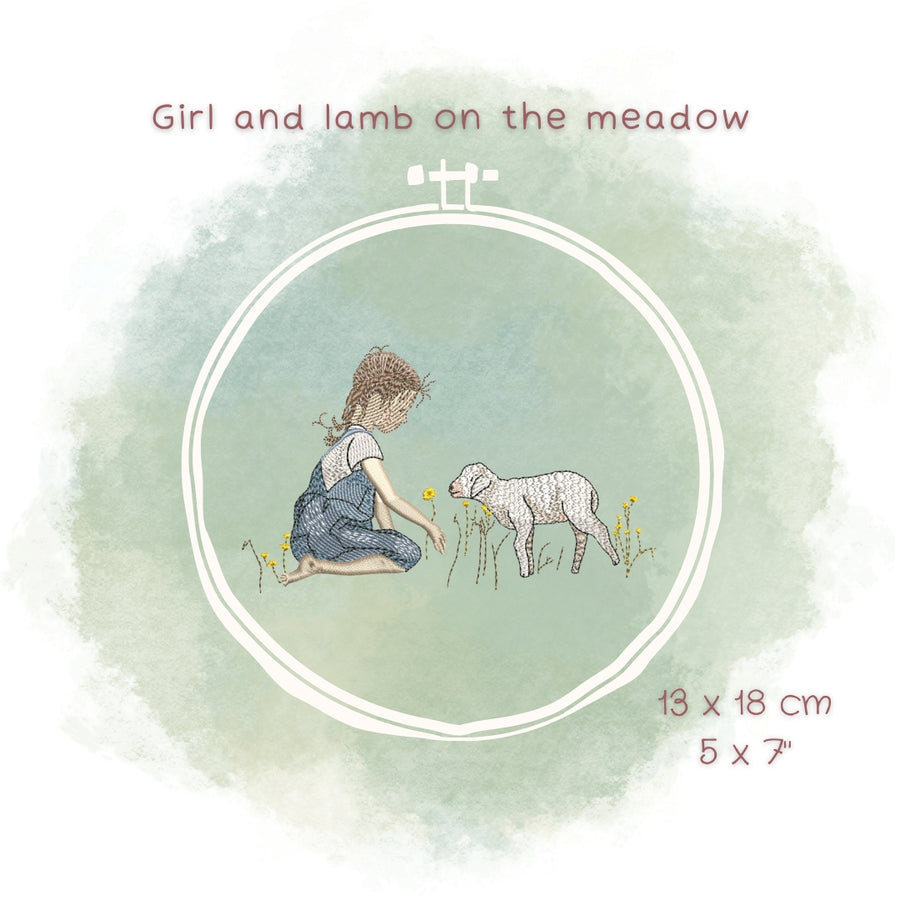 Stickdatei Mädchen und Lamm auf der Wiese