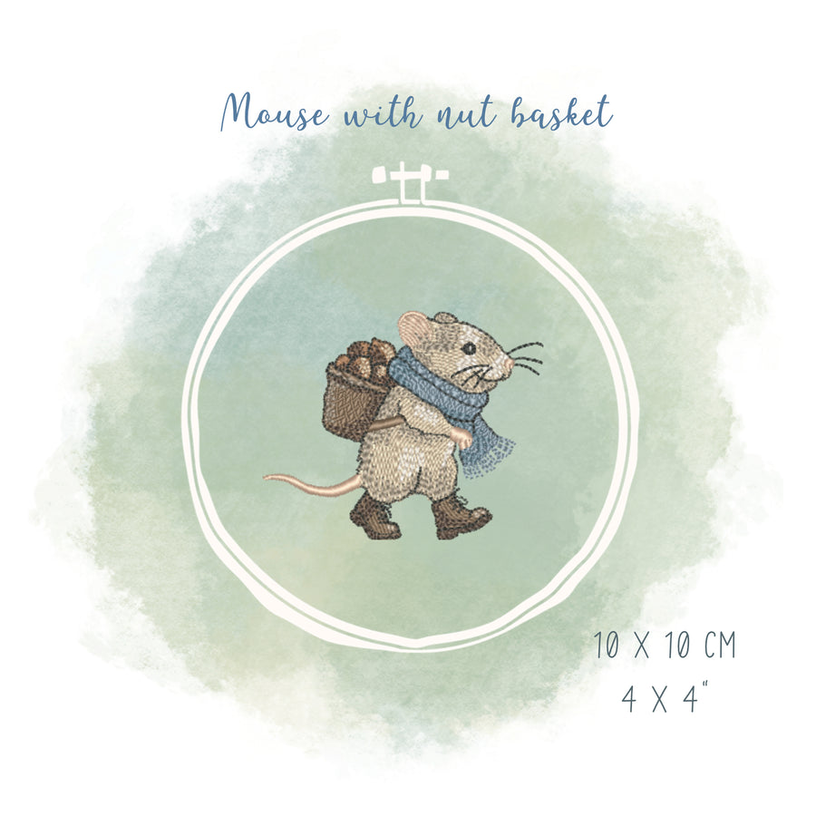 Stickdatei Maus mit Nusskorb – Herbstliches Stickmotiv, kombinierbar mit der Stickdatei Apfelhaus
