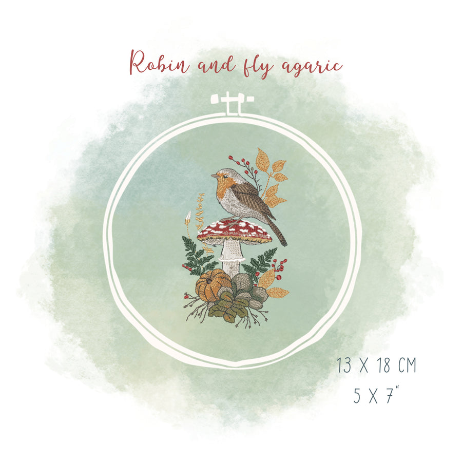 Rotkehlchen und Fliegenpilz – Stickdatei für 13x18 cm Rahmen