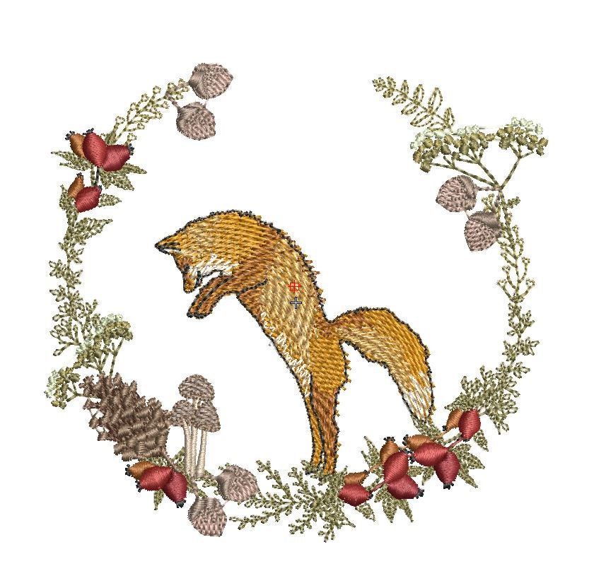 Stickdatei Fuchs im Hagebuttenkranz